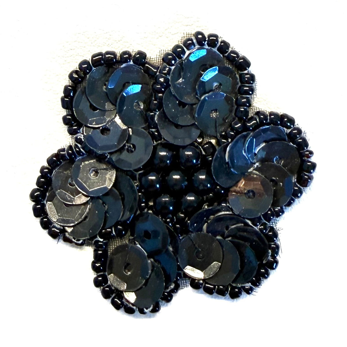 Black Sequin & Glass Beaded Flower Appliqué – 1.5"