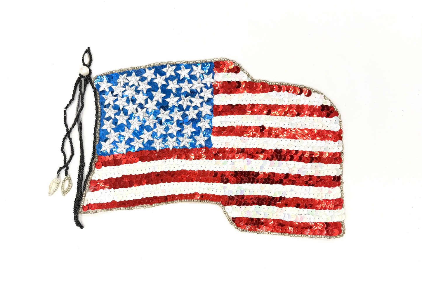 American Flag Appliqué - Red/White/Blue Sequins - Black/Silver Glass Beads - Pearls - 11” x 8”