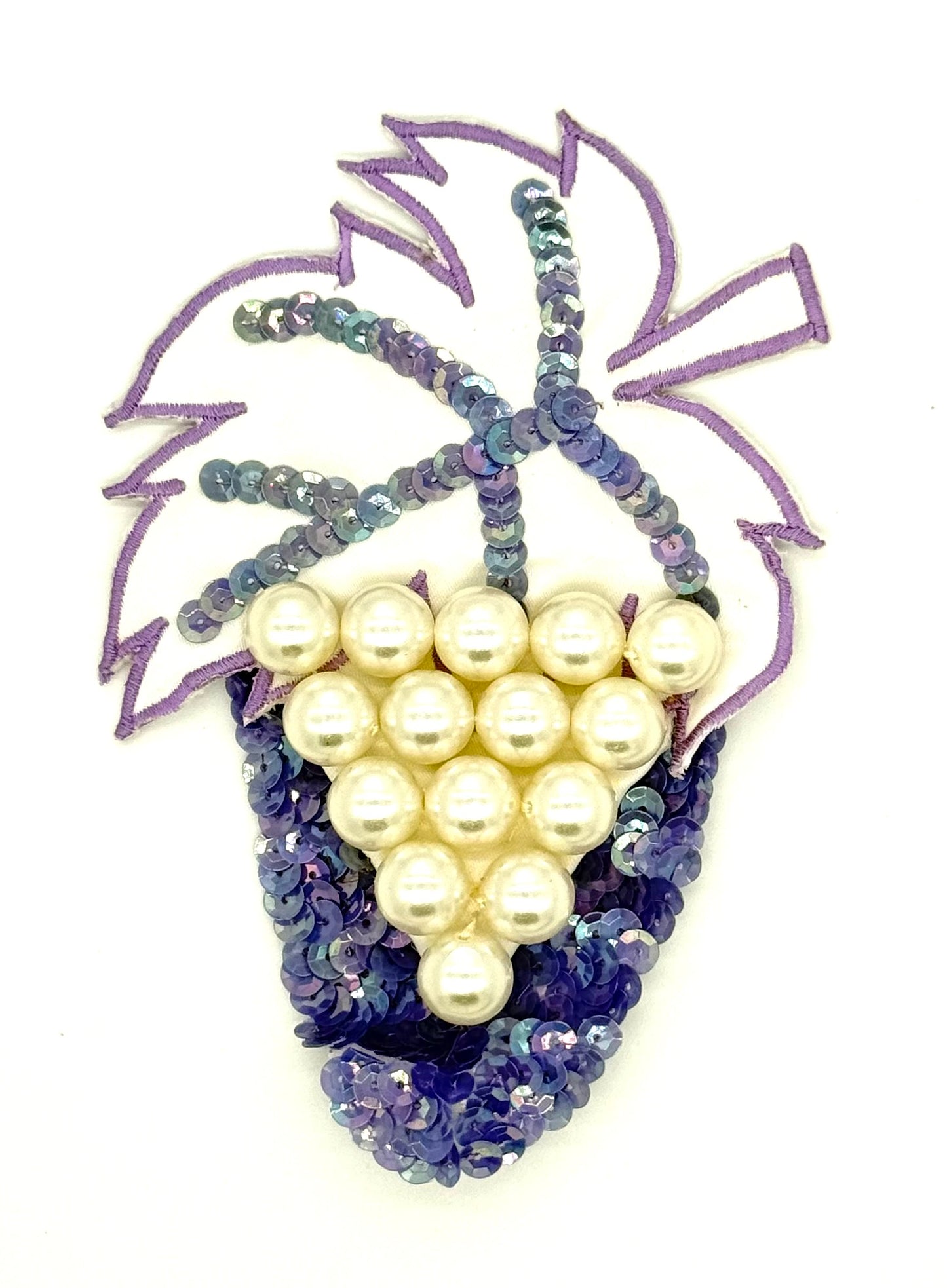 Grape Appliqué - Pearl Beads - Purple Sequins -Embroidered Edge Fabric Leaf 6.5" x 4.5"