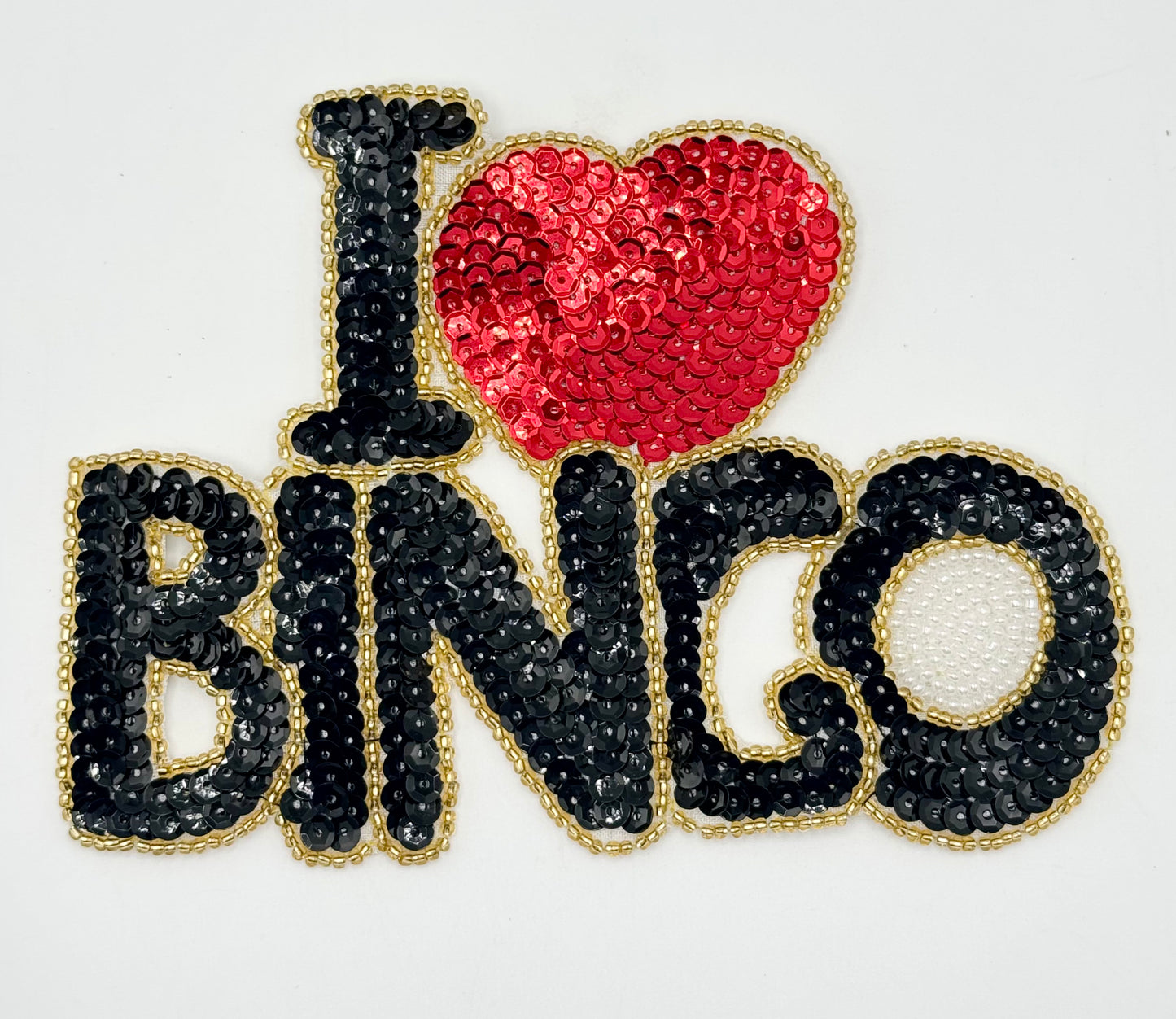 "I Love Bingo" Black and Red Sequins with Gold and White Beads, 4.5" x 6.5"