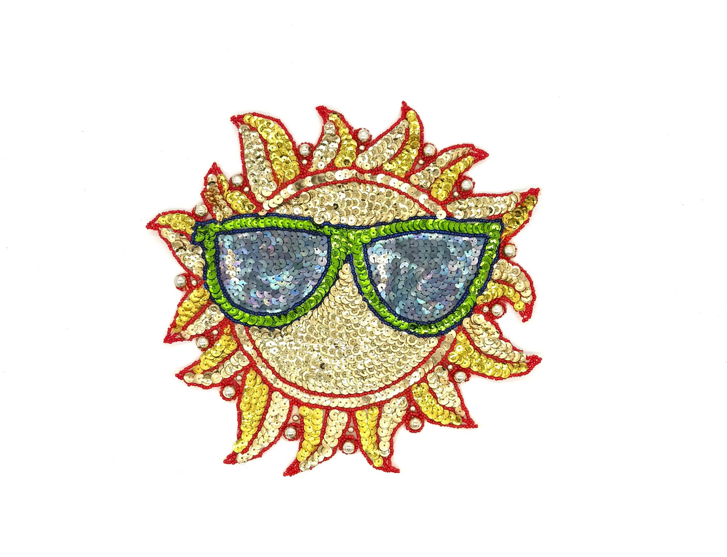 Sun with Glasses Appliqué -Multicolored Sequins/ GlassBeads 9" x 9”