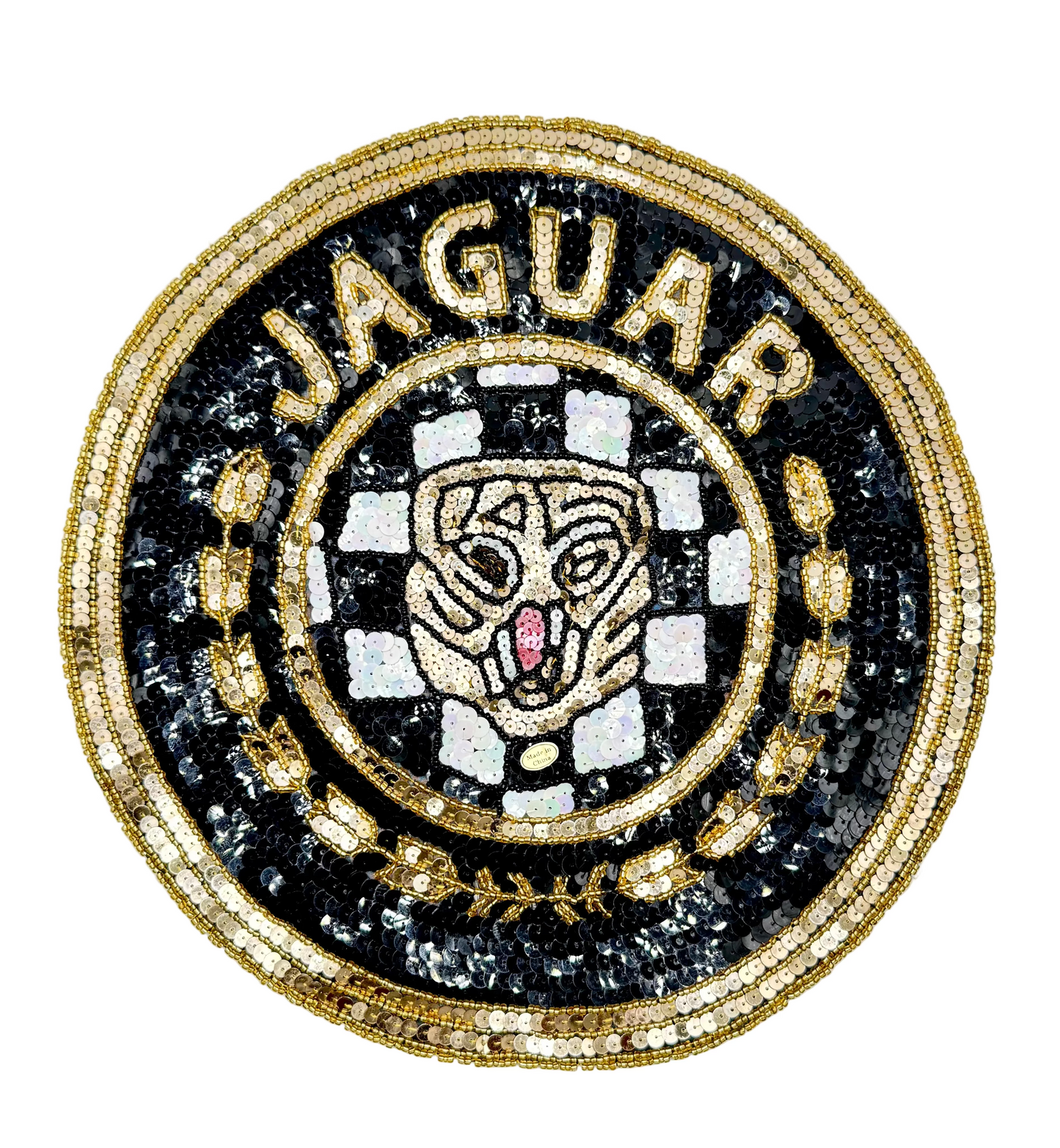 Vintage Decorative Jaguar logo patch with gold and black design on a white background