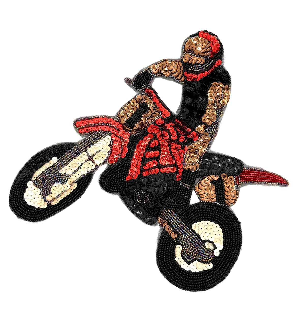 Beaded and sequin patch of a motocross rider on a bike with red, black, and gold colors.