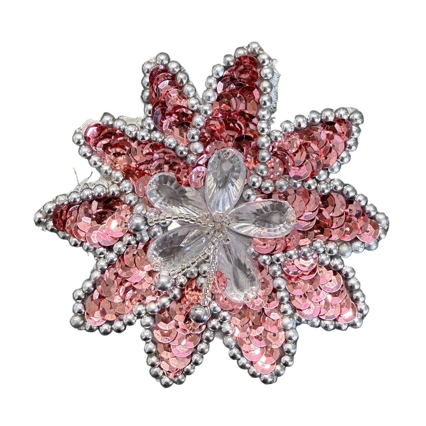 Designer Motif - Pink Sequins - Silver Beads Center Rhinestones 4” x 4”