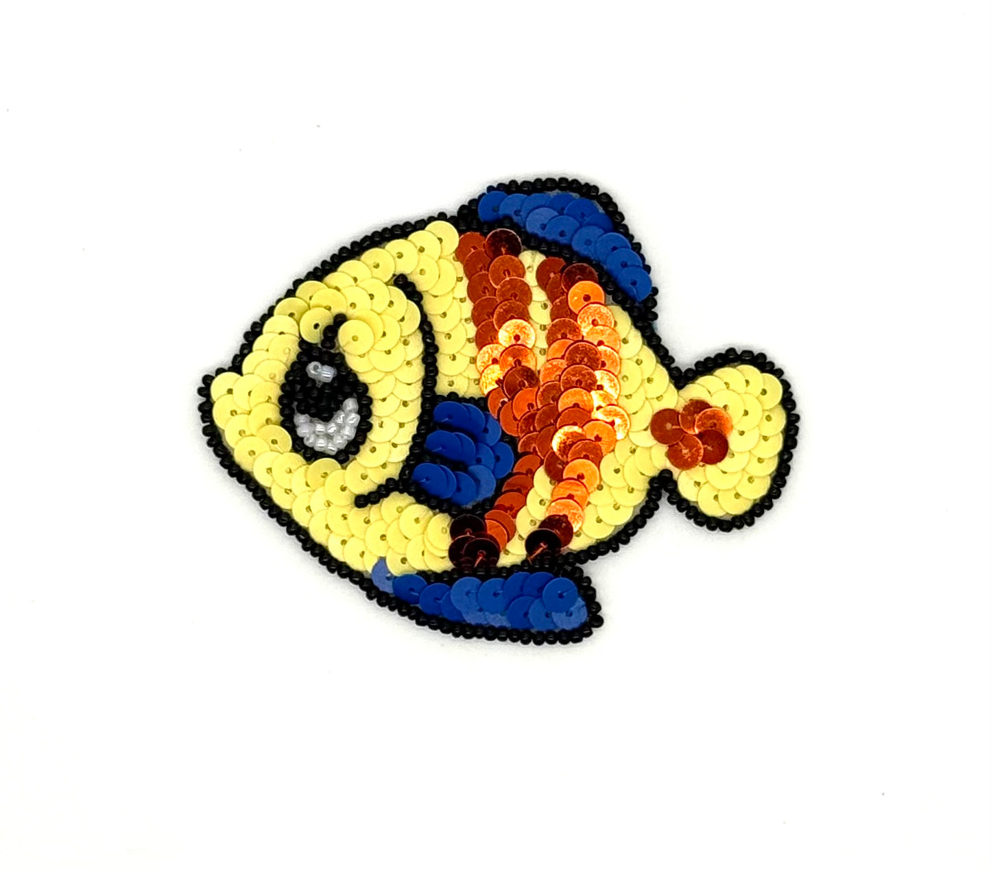 Fish Appliqué - Yellow/Bronze/Blue Sequins -Black/White Glass Beads - 3.5" x 2.5"