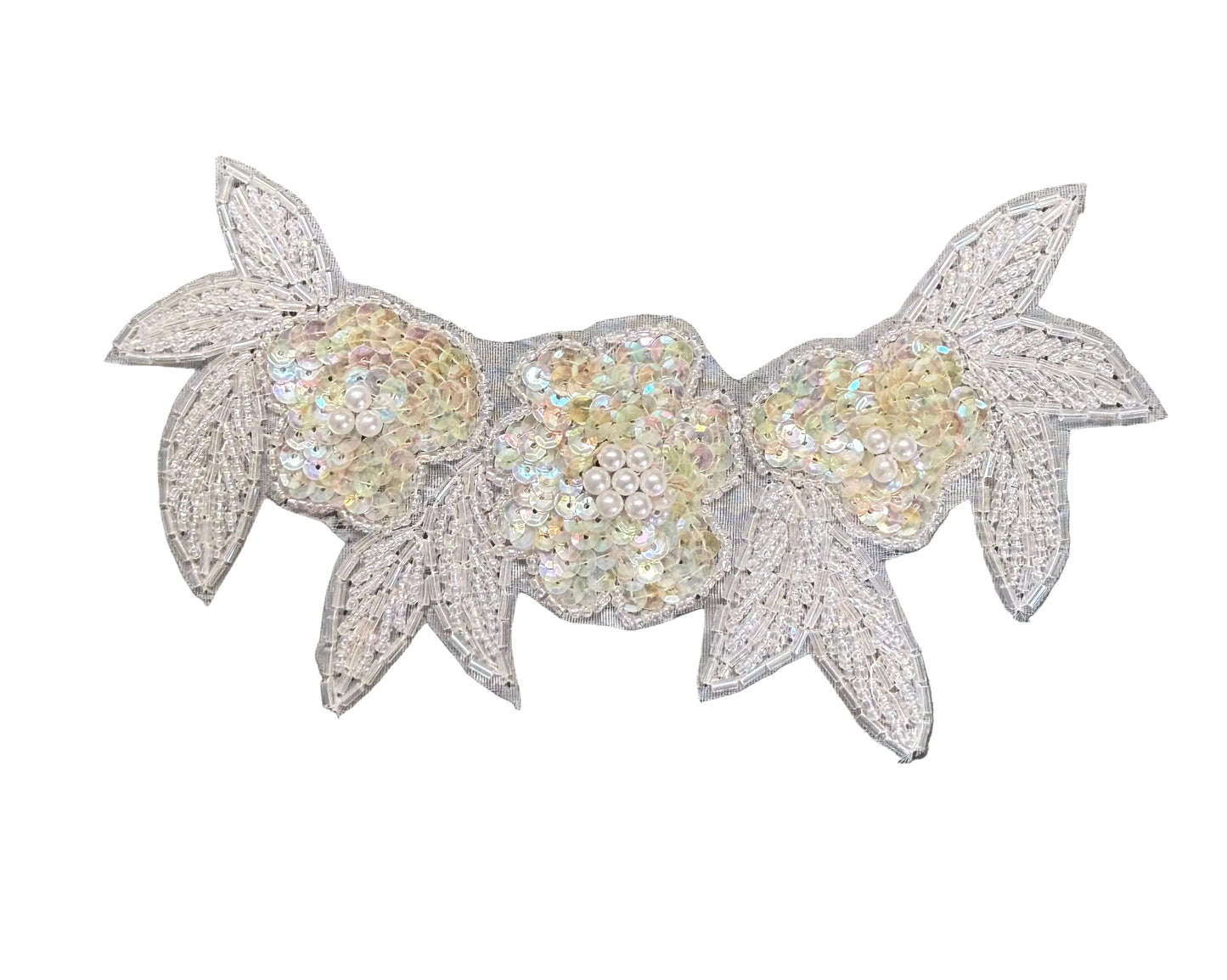 Triple Flower Appliqué - Iridescent Beige Sequins - Bugle and Glass Beads - Pearl Centers 7.5" x 4"