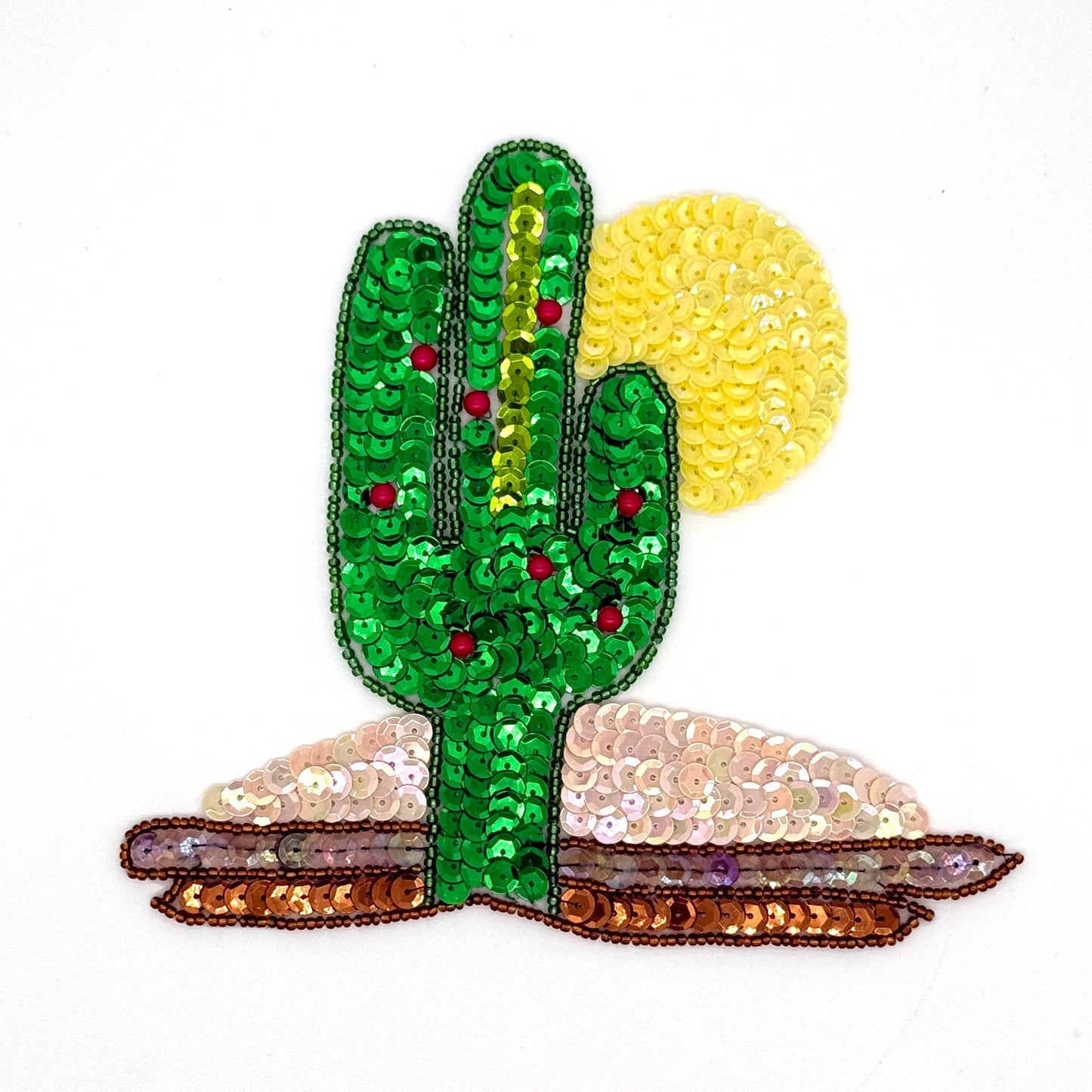 Cactus con lentejuelas verdes y abalorios rojos con sol 5.75" x 6.5"