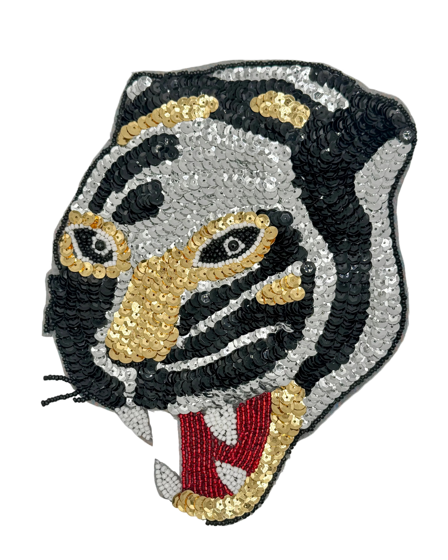 Decorative cougar head patch with sequin and bead design on a white background