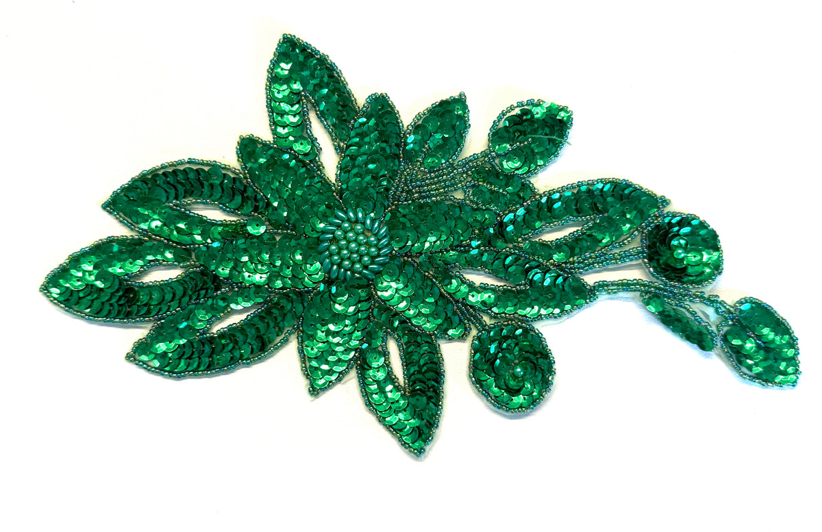 Green Sequin Flower Appliqué, Choice of Green or Iridescent Green Glass Beads, 11.75 x 6.5 in