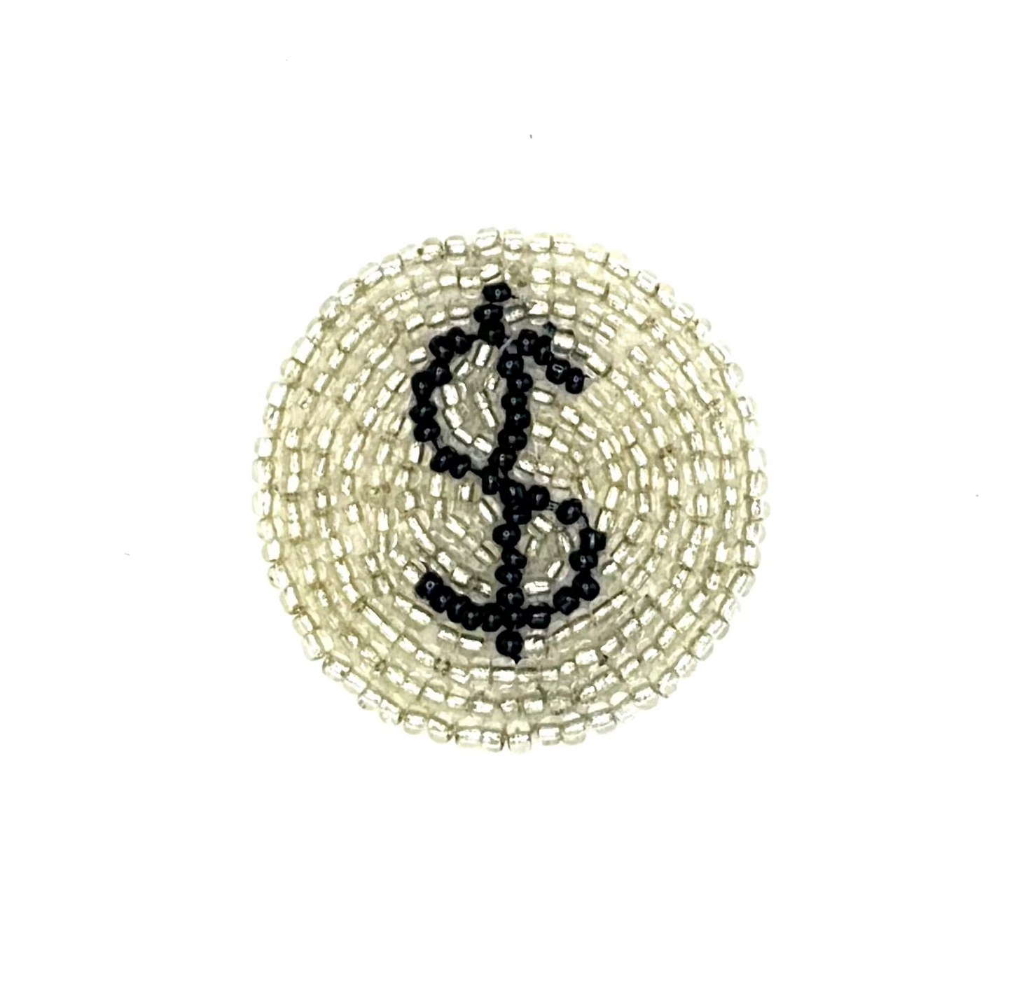 Circular beaded accessory with a black dollar sign symbol on a white background