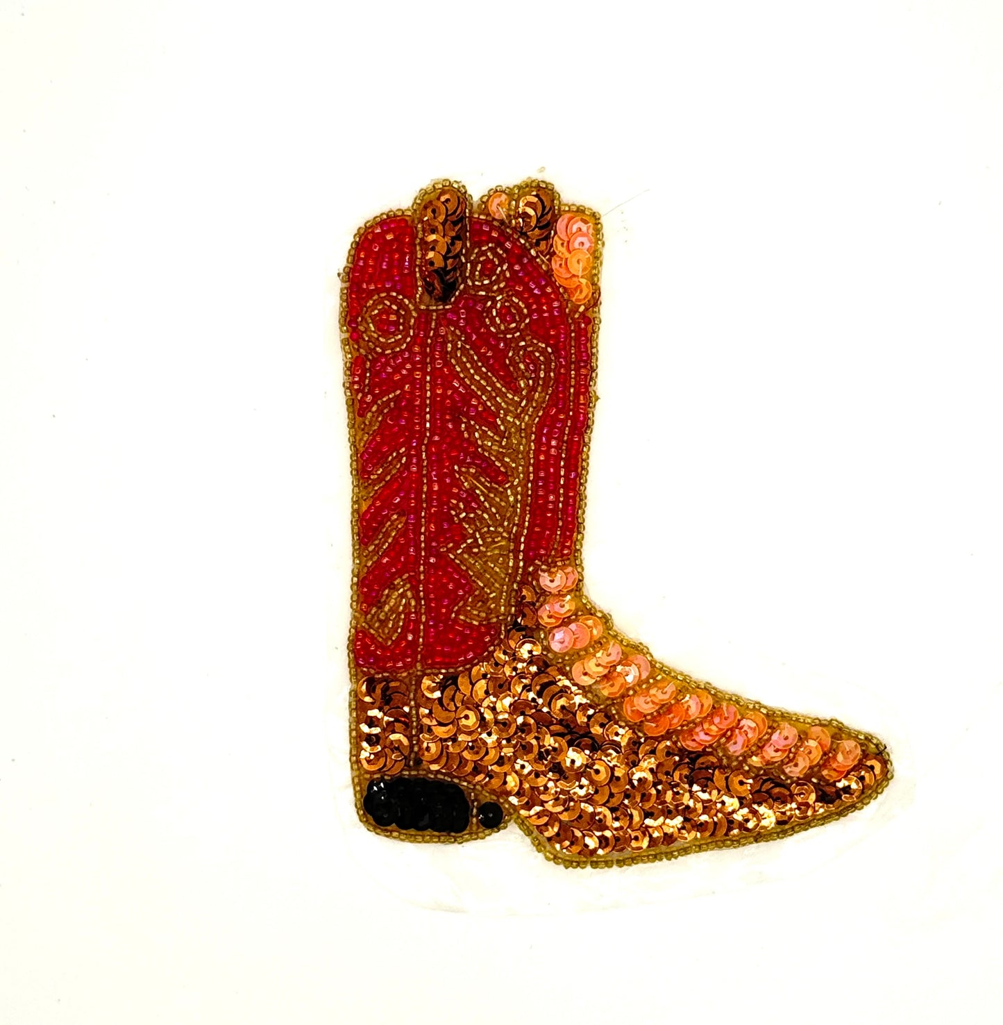 Cowboy Boot Appliqué -Pre-Glued - Bronze/Black/Pink Sequins - Pink/Gold Glass Beads 5.5" x 4.25"