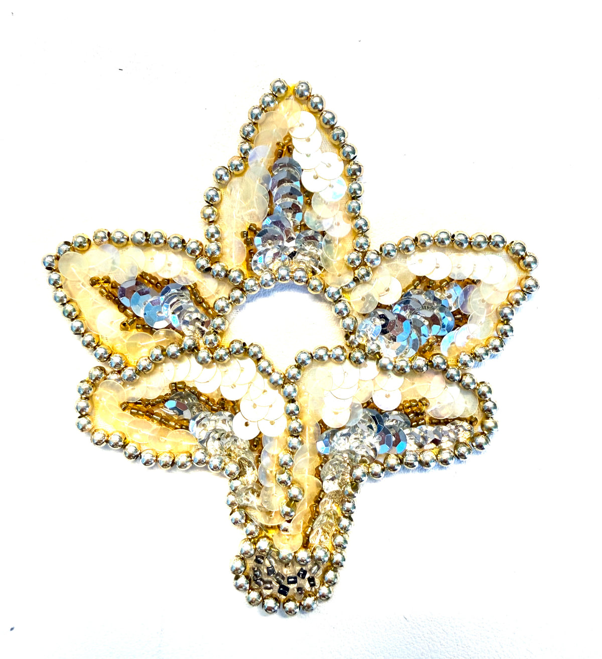 Silver and Gold Beaded Designer Motif with Iridescent Sequins, 4.5 x 4.25 in
