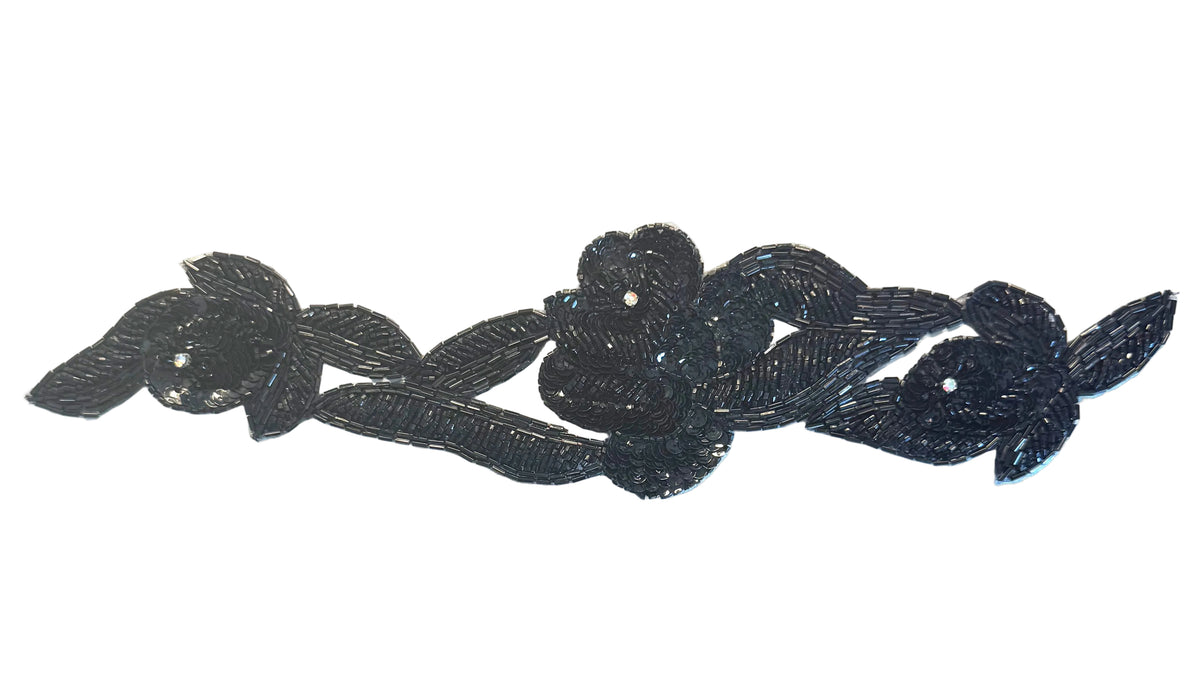 Black Sequin Flower Neckline Appliqué with Bugle Beads & AB Rhinestone, 13" x 3"