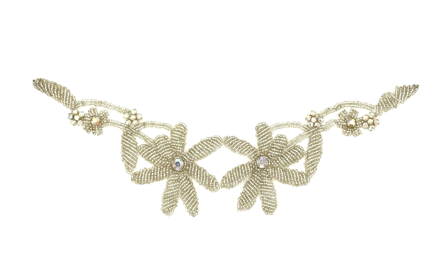Designer Motif Flower Neckpiece - Silver Beaded - AB Rhinestones 11.5”x 3”
