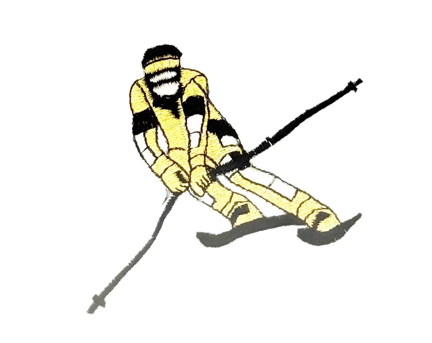 Downhill Skier - Black with Gold and Silver Metallic Iron-on 4" x 3.25"