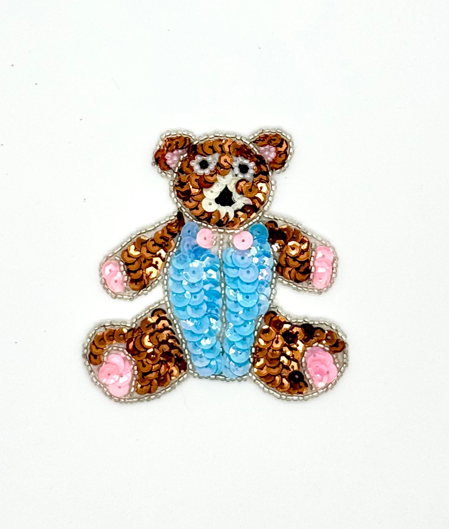 Teddy Bear with Pink, Bronze, Cream and Light Blue Sequins and Silver, Black, Pink and Black Beads 3.5" x 3.25”
