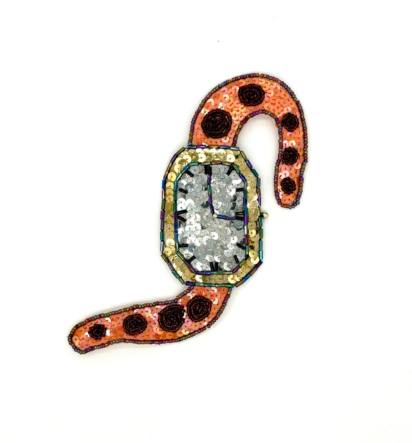 Aplicación de Diseño de Reloj Divertido con Lentejuelas Naranjas, Doradas y Plateadas con Cuentas Moonlight y Doradas 5" x 6.5"