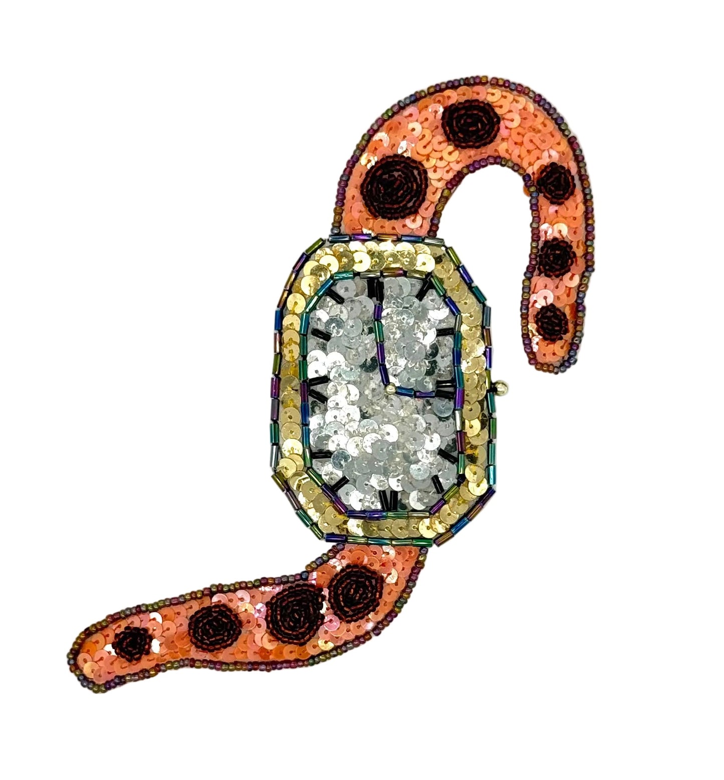 Decorative sequin and bead watch appliqué with a central gemstone and polka dot design on a white background
