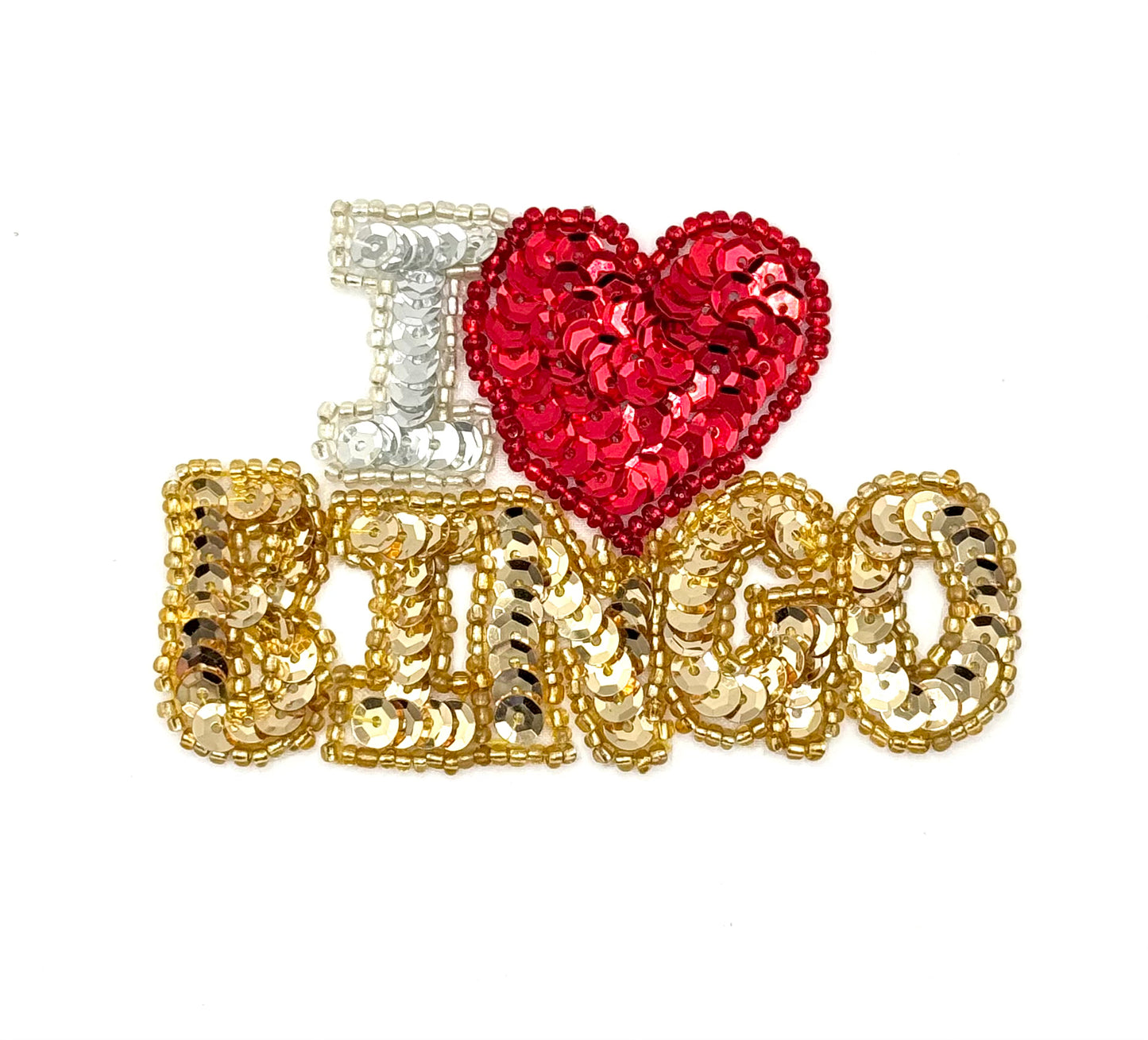 "I Love Bingo" with Gold, Silver & Red Sequins and Red, Silver and Gold Beads 2.25" x 3.5"