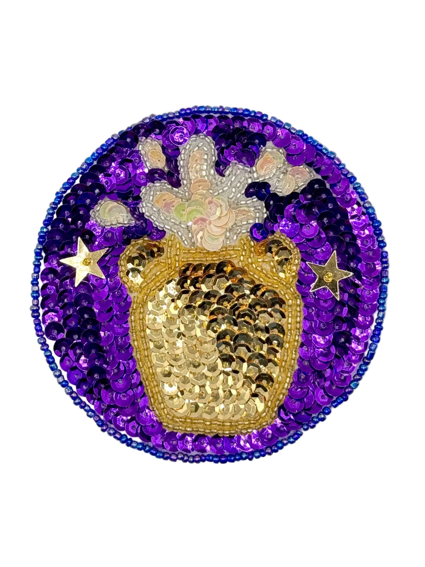 Zodiac Aquarius Decorative patch with a gold, silver and purple sequins and beaded border on a white background