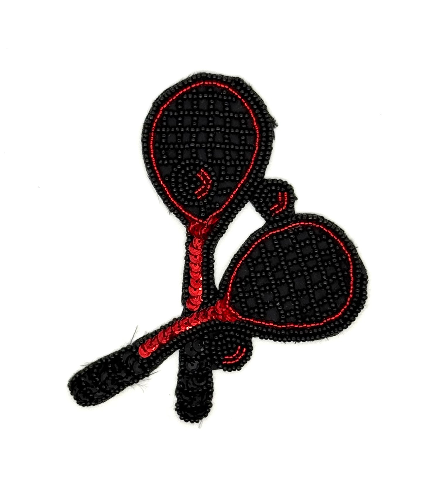 Raqueta de tenis con lentejuelas y cuentas negras y rojas de 5" x 4.5"