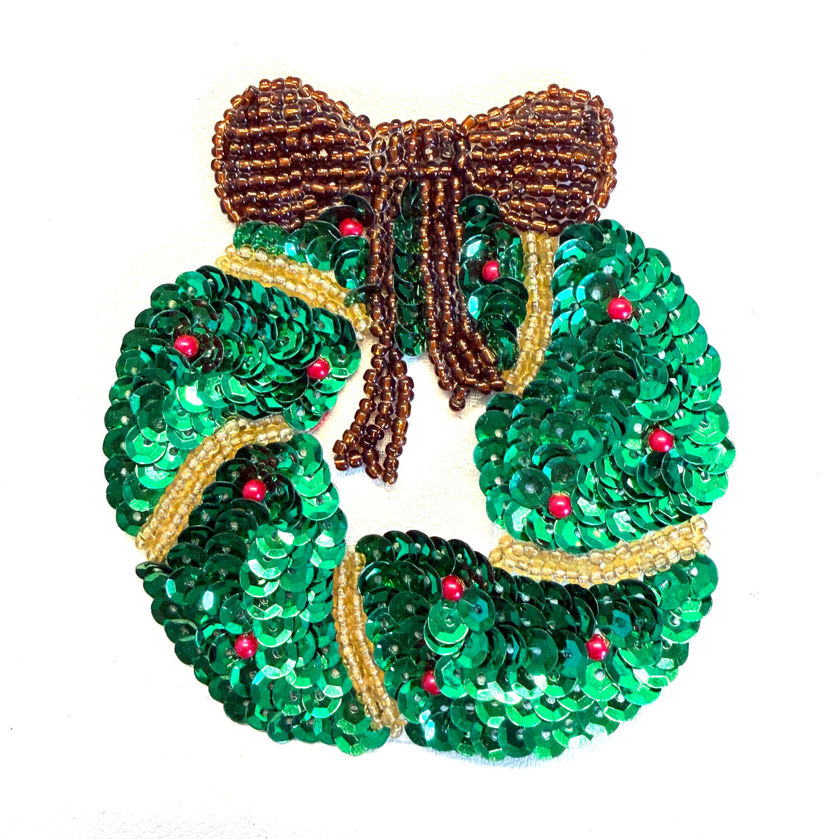 Green Sequin Christmas Wreath Appliqué with Glass Beads, 3.5" x 3"