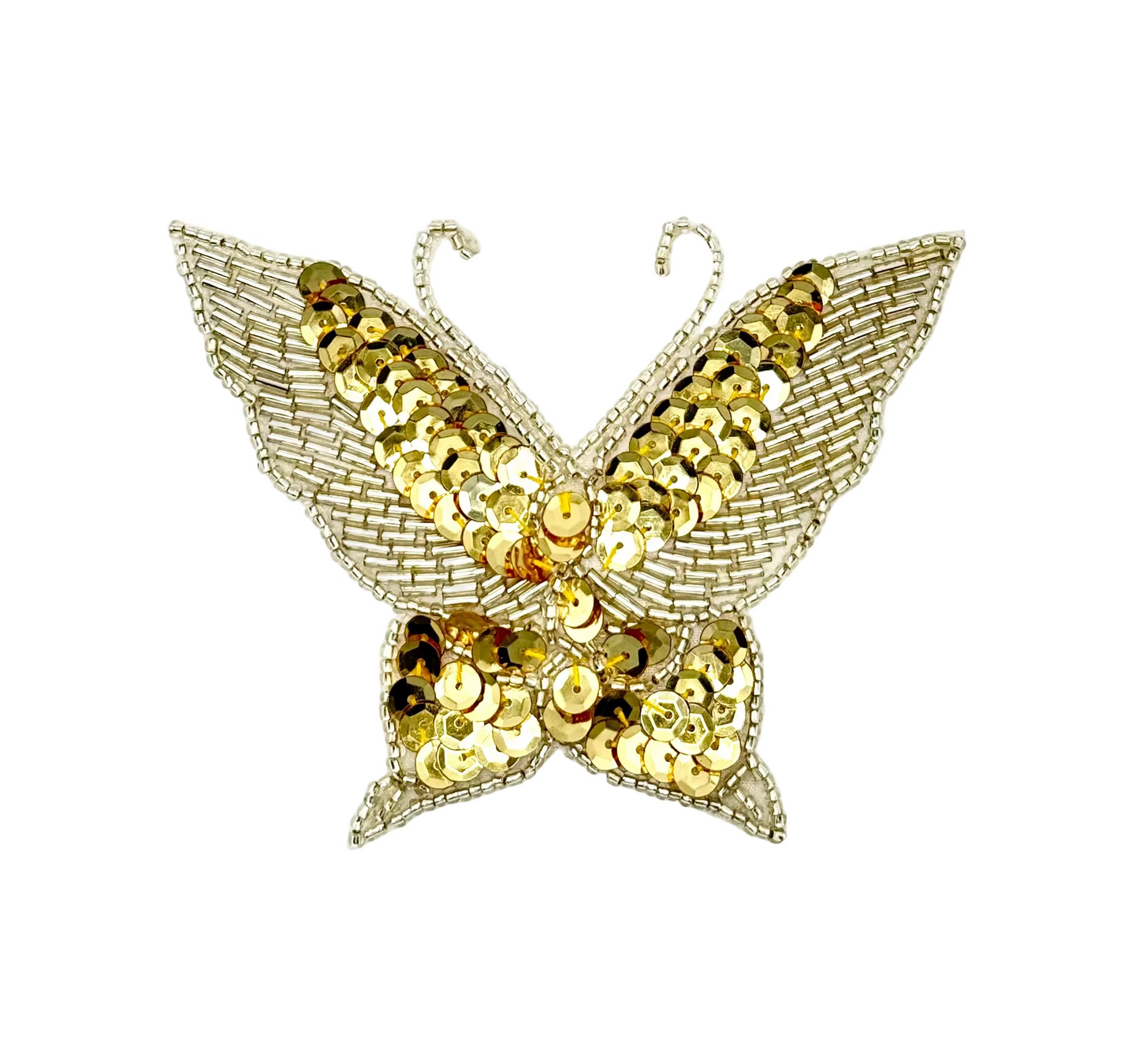 Butterfly-shaped appliqué item with gold sequins on a white background