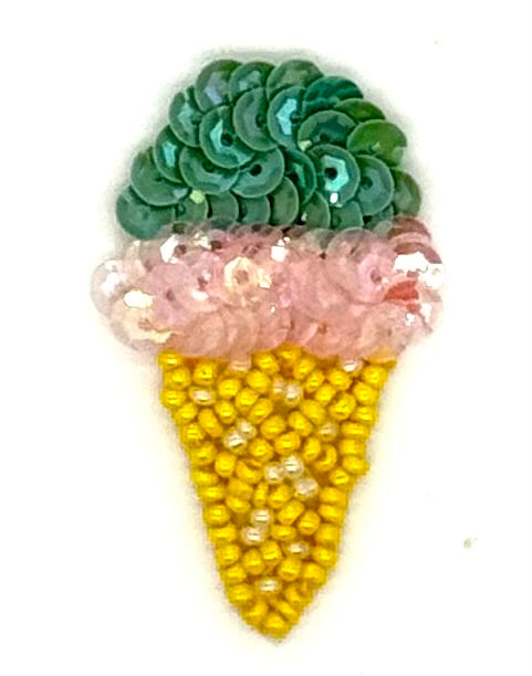 Cono de helado menta, iridiscente, beige y amarillo con lentejuelas y cuentas de 5 x 2,5 cm