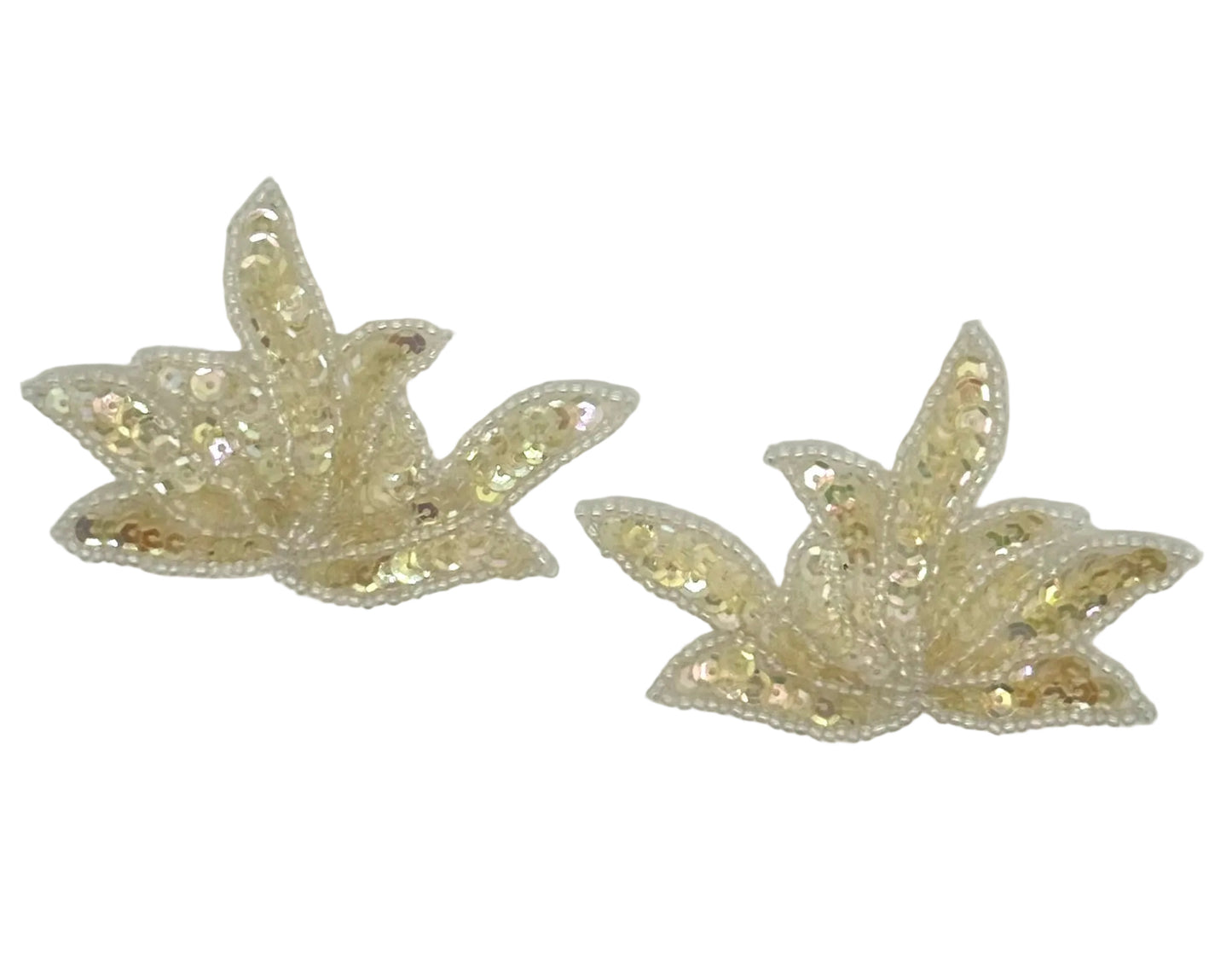 Leaf Pair Appliqué - Iridescent Beige Sequins - Glass Beads 3.25" x 2.5"