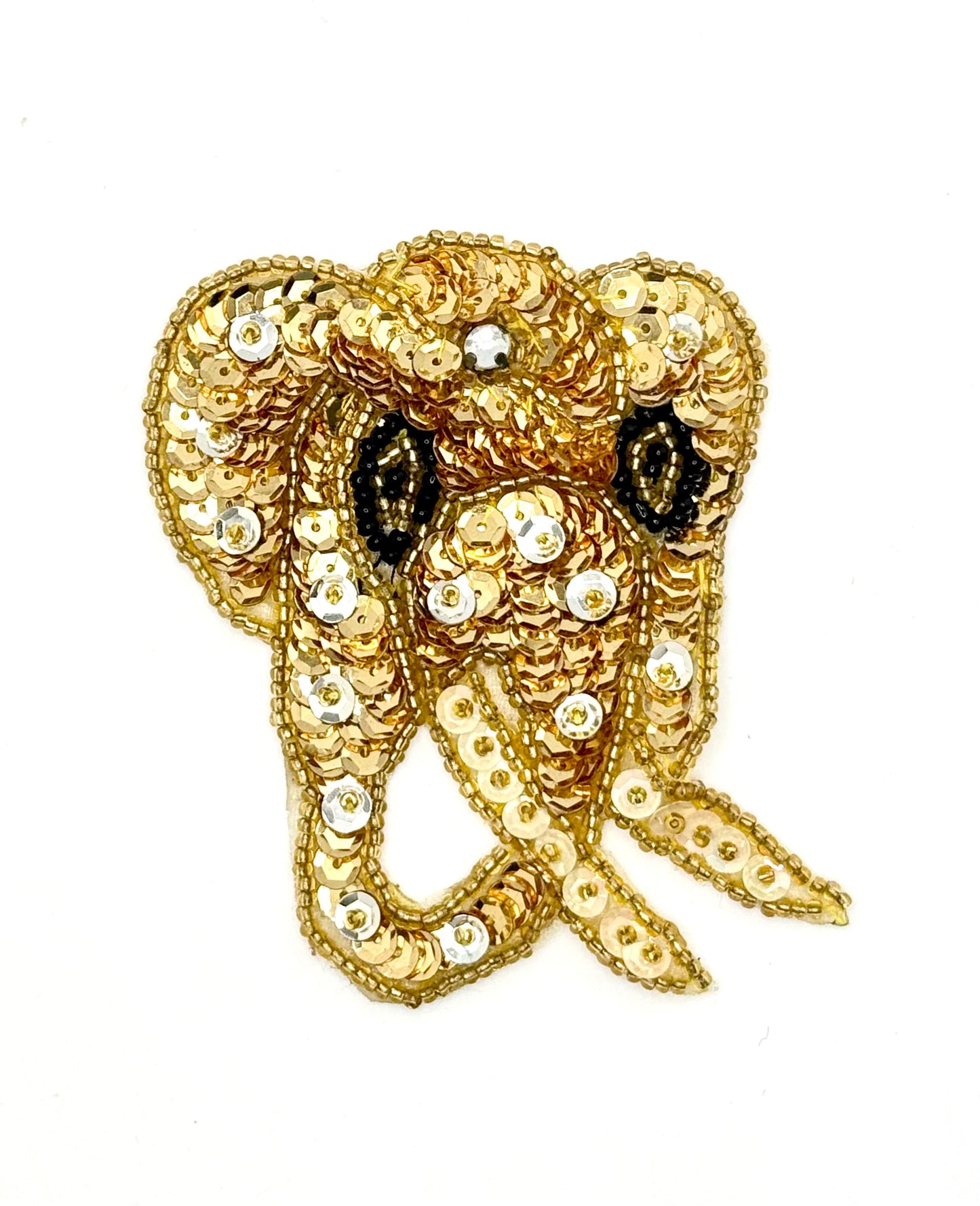 Aplicación de elefante con lentejuelas doradas y color marfil con cuentas negras y doradas de 7.6 x 6.3 cm - Parte trasera adhesiva