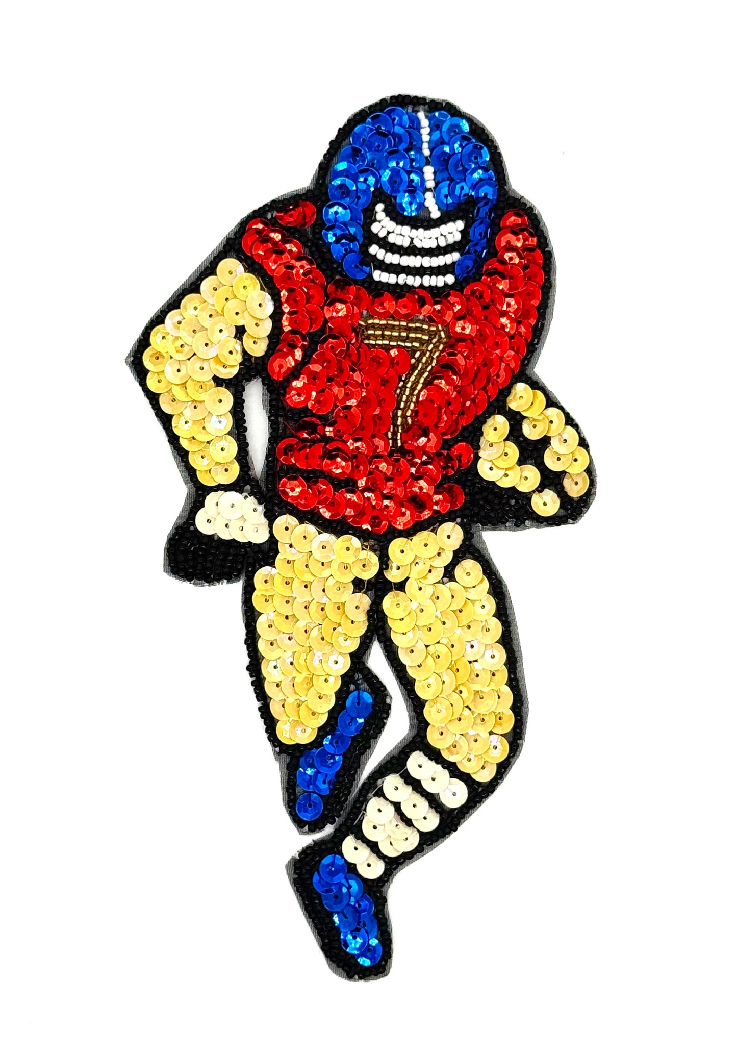 Jugador de fútbol lentejuelas y abalorios rojo, dorado y azul 8" x 4.25"