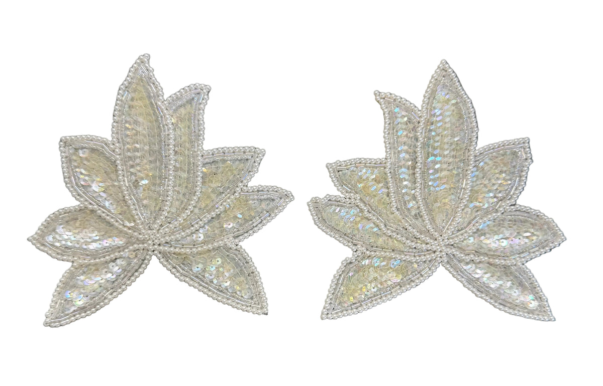 Leaf Pair Applique - Iridescent Sequins - Pearl Beaded Trim 5.5" x 5.5"