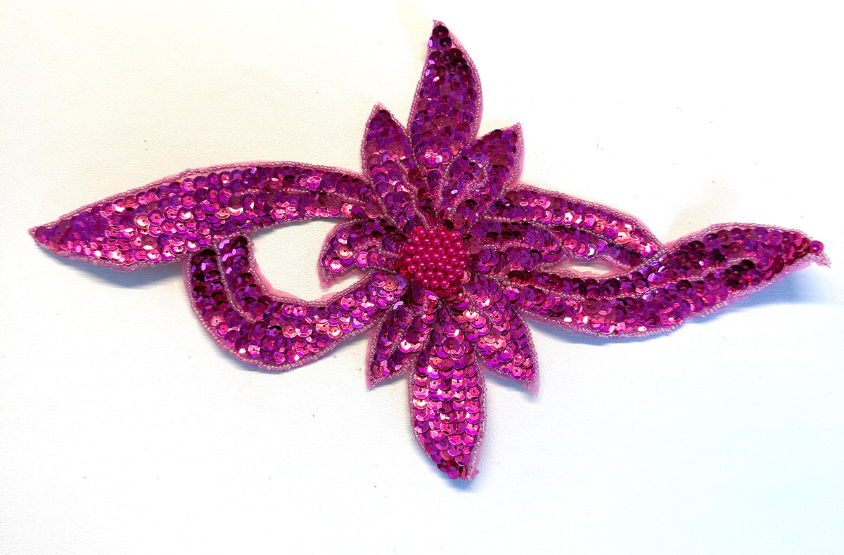 Fuchsia Sequin & Beaded Flower Appliqué – 12.5" x 7.5"
