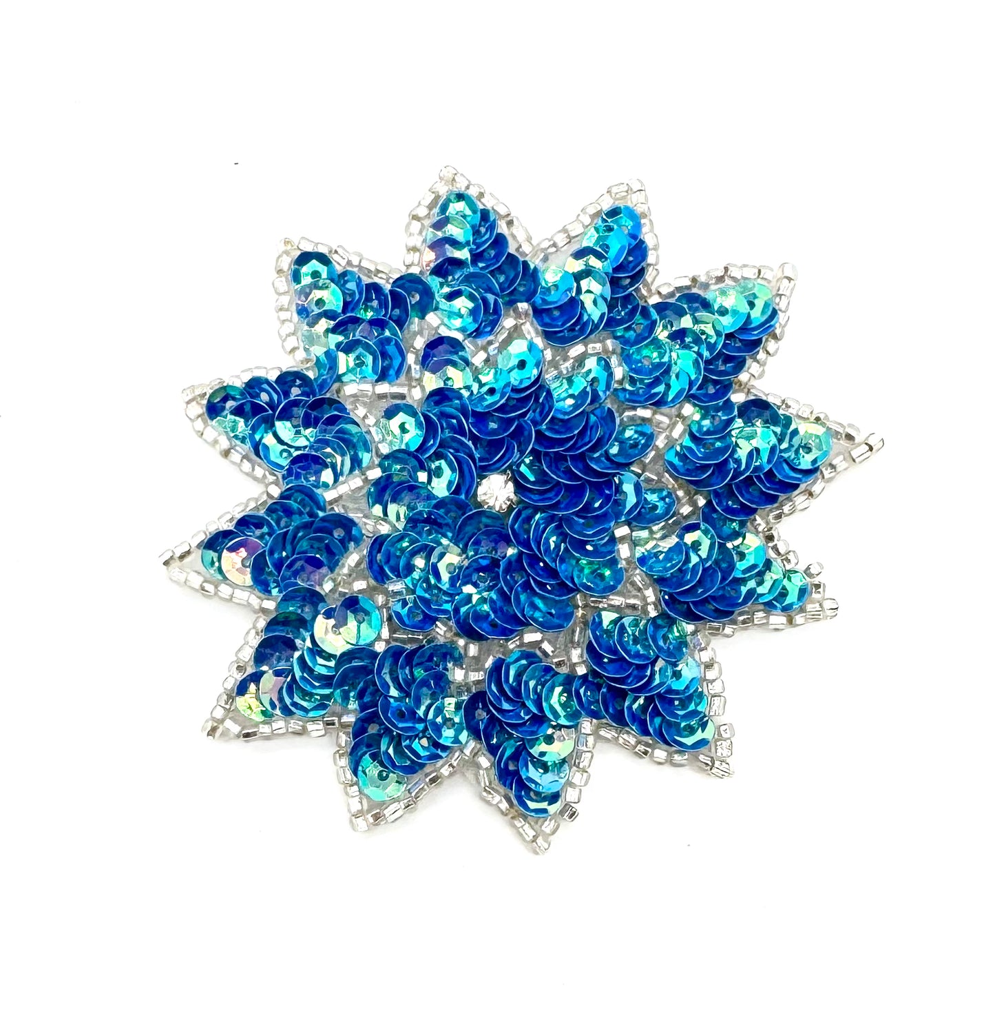 Flower Appliqué with Blue Iridescent Sequins and Silver Beads and a Center Rhinestone 3"