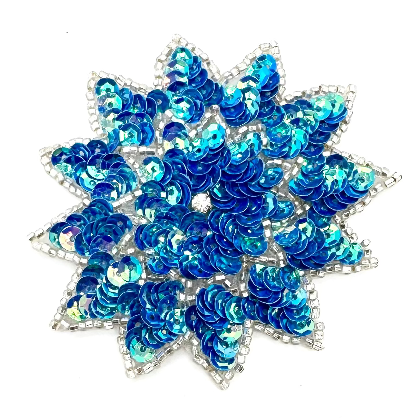 Flower Applique - Iridescent Blue Sequins - Silver Beads - Rhinestone Center 3"
