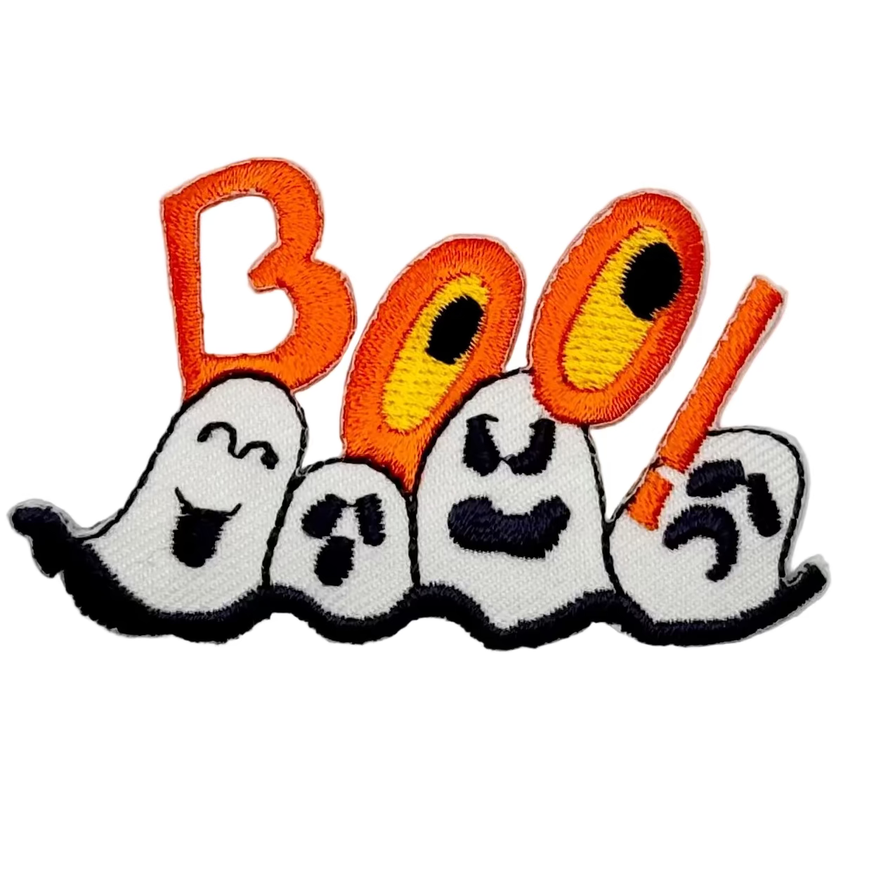 Embroidered Halloween patch featuring the word 'BOO' in orange letters with yellow eyes, above four white cartoon ghosts with black outlines and facial expressions, on a plain white background.