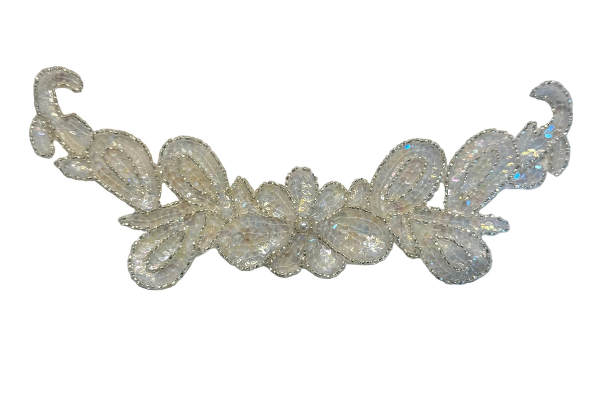 Flower Neckline - Iridescent Sequins - Beads - Pearl Center 9.75" x 4"