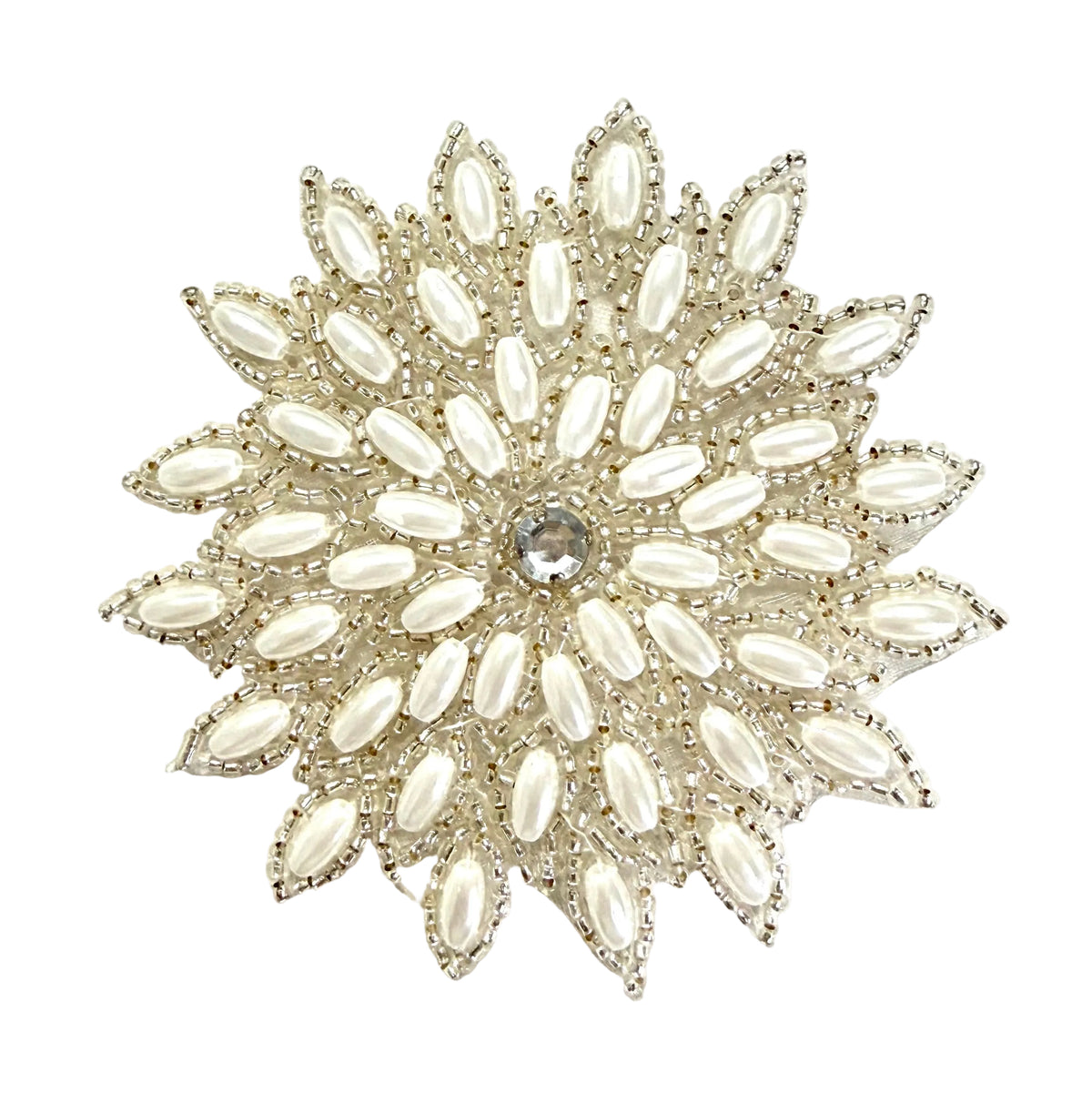 Silver Bead & White Pearl Flower Appliqué with Rhinestone Center – 3.25" x 3.25"