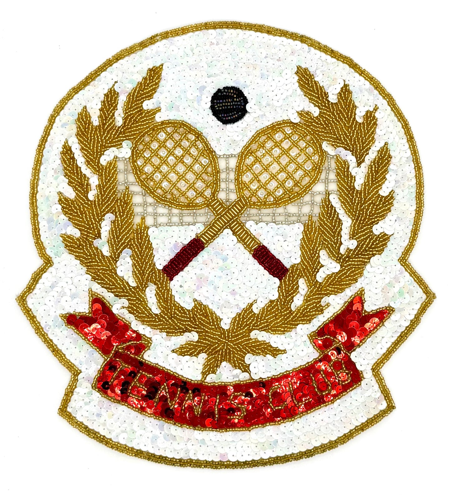 Escudo de Lentejuelas Club de Tenis con Lentejuelas Blancas y Cuentas Doradas 28 cm x 25 cm