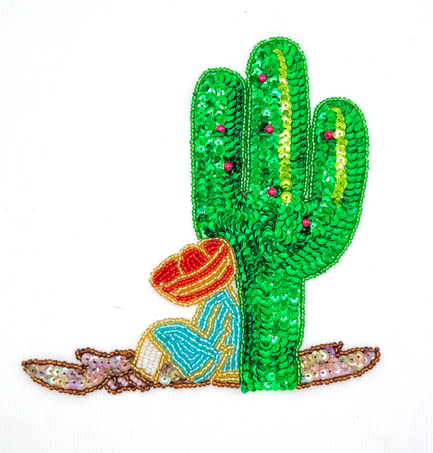 Cactus with Hombre in Sombrero - Multicolored Sequins and Beads 6" x 6"