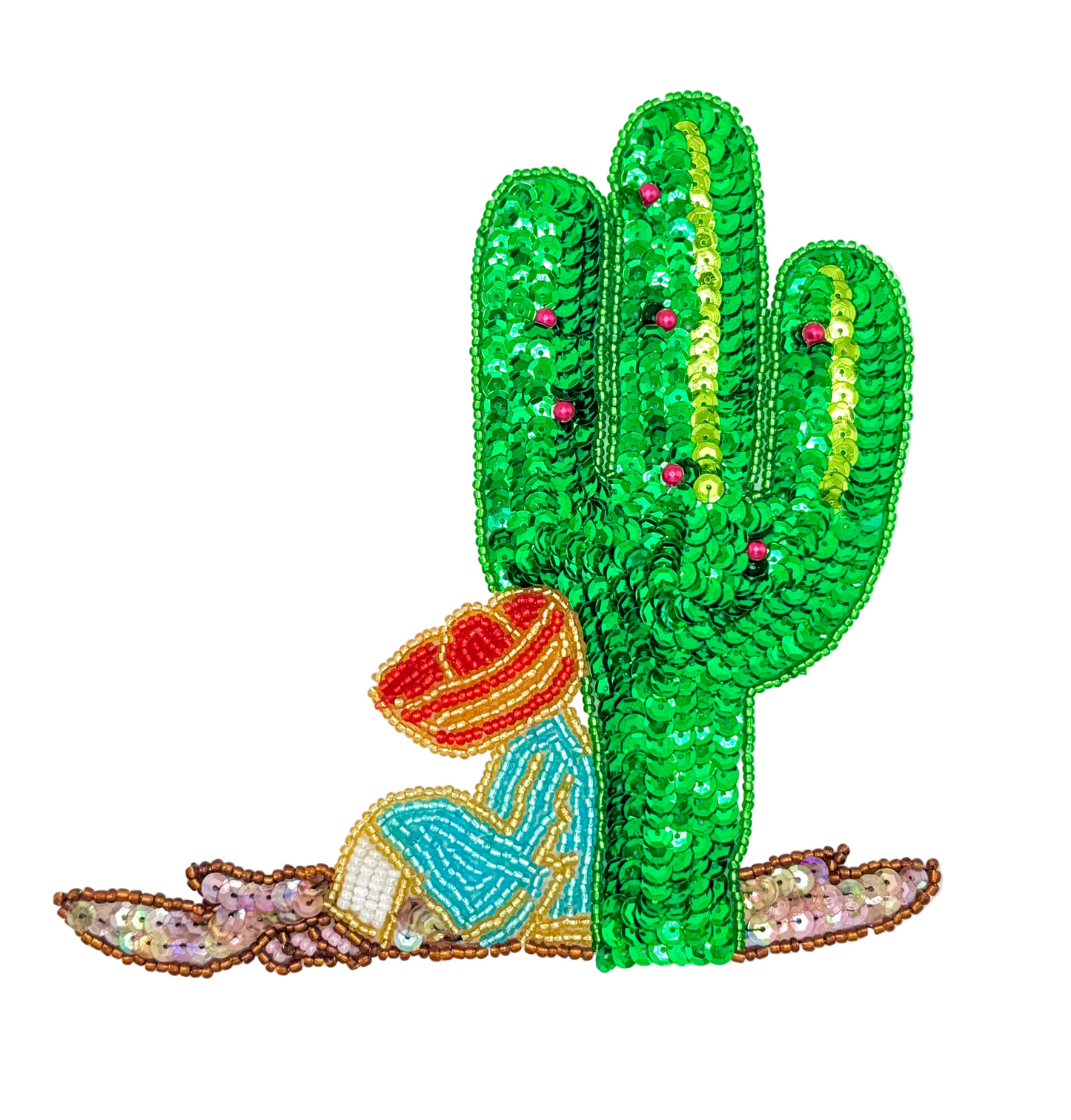 Cactus con hombre en sombrero - Lentejuelas y cuentas multicolor 15 cm x 15 cm