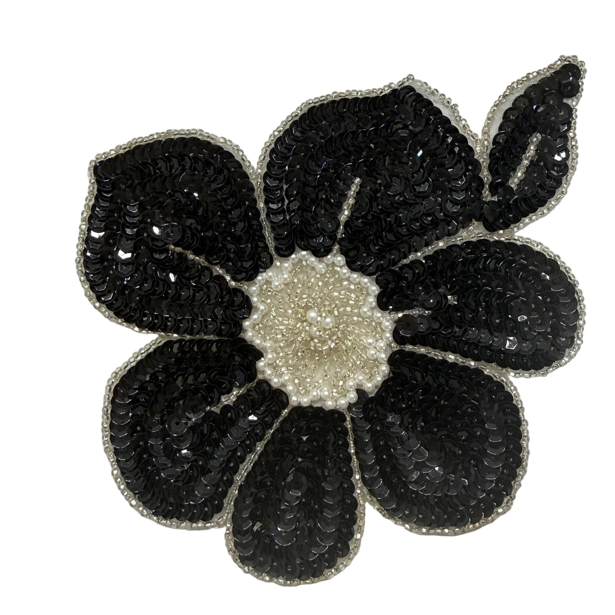 Flor decorativa con lentejuelas negras y cuentas plateadas con centro de perlas de 17.78 cm x 13.97 cm