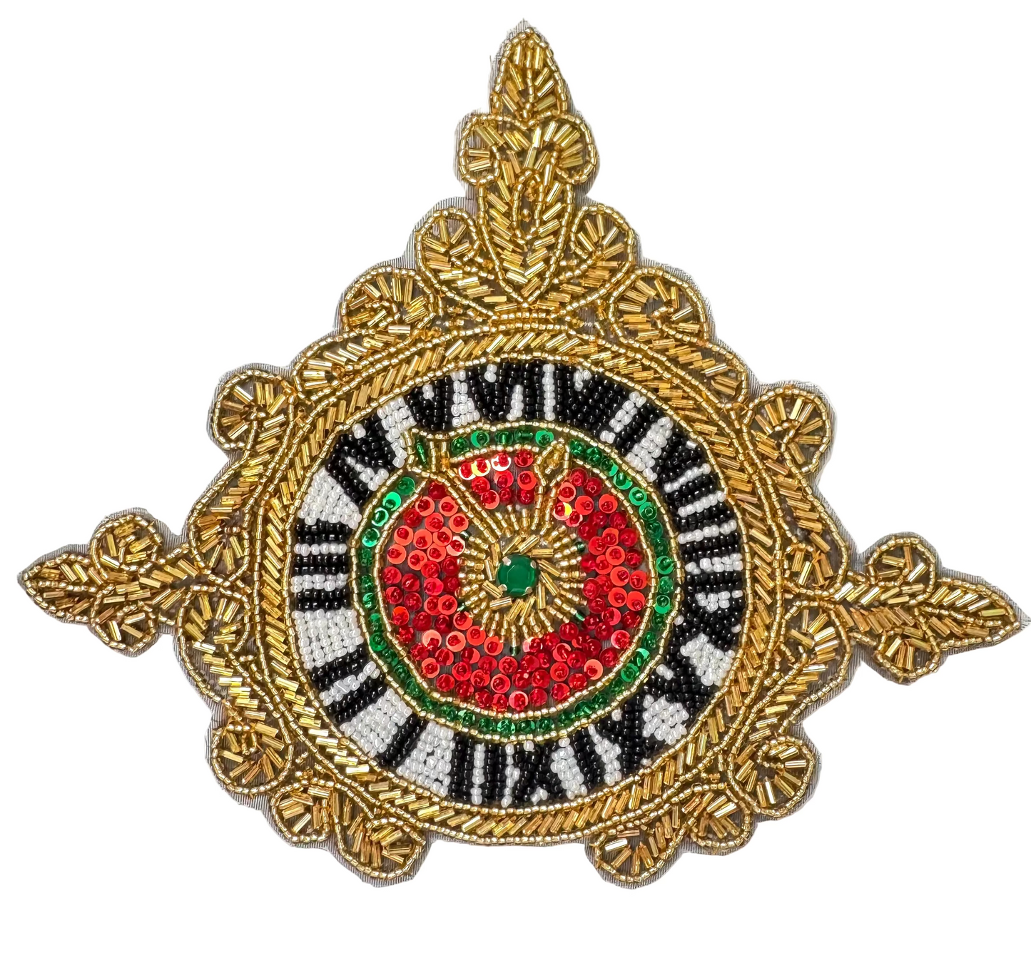 Decorative sequin clock patch with gold, red, black, and green design on a white background