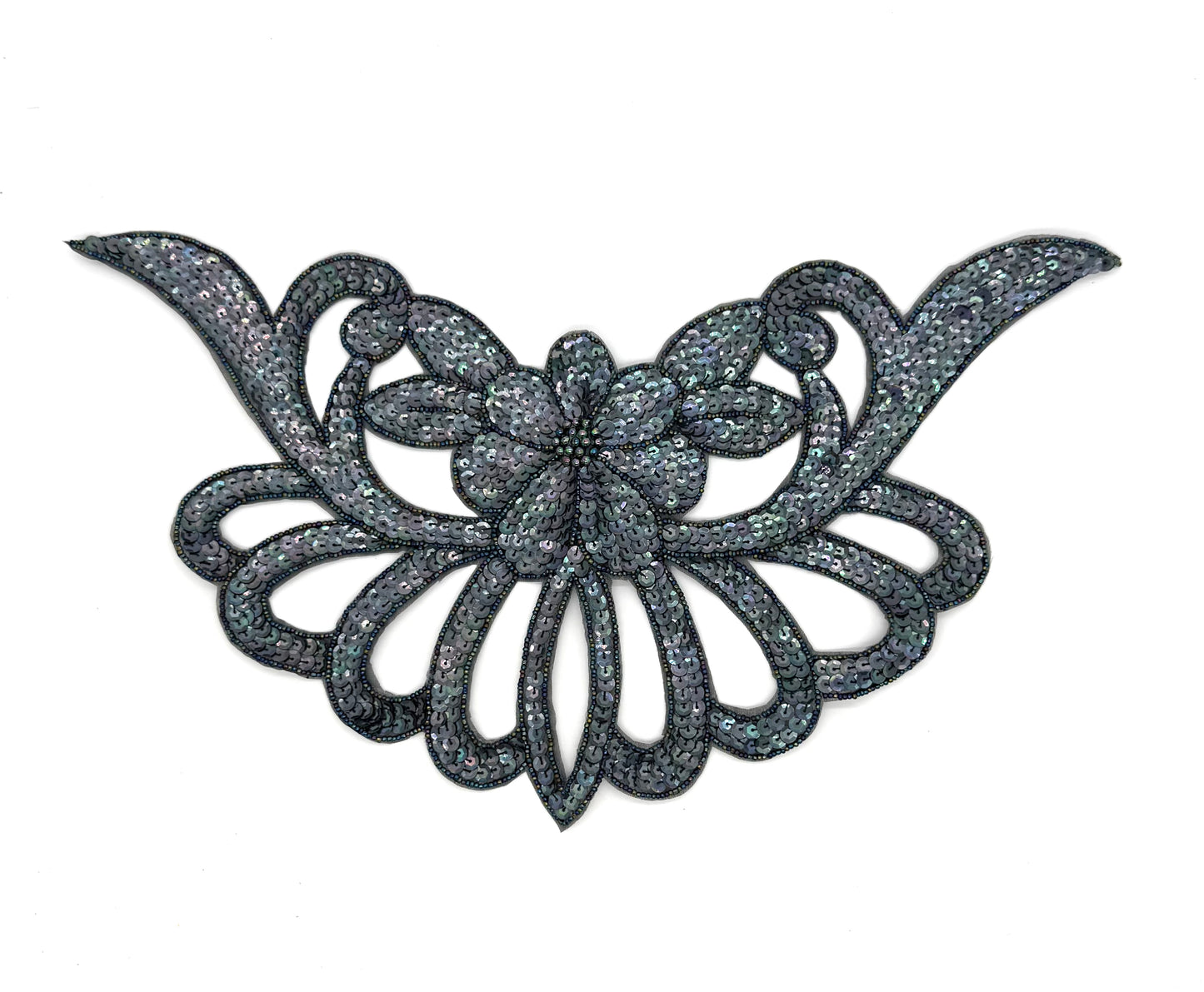 Designer Motif Flower Collar Neckpiece - Gunmetal Sequins - Moonlight Beads 16”x 8”