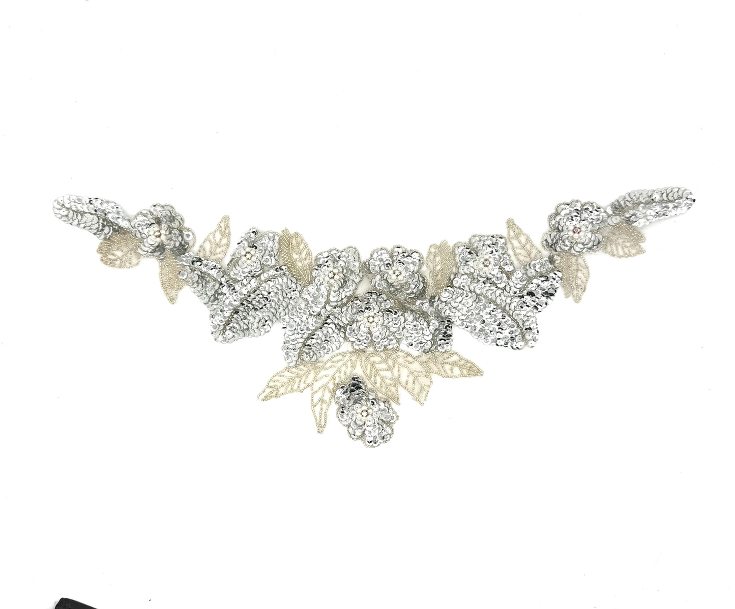 Designer Motif Flower Neckpiece -Silver Sequins - Beads - Rhinestones 20" x 7"