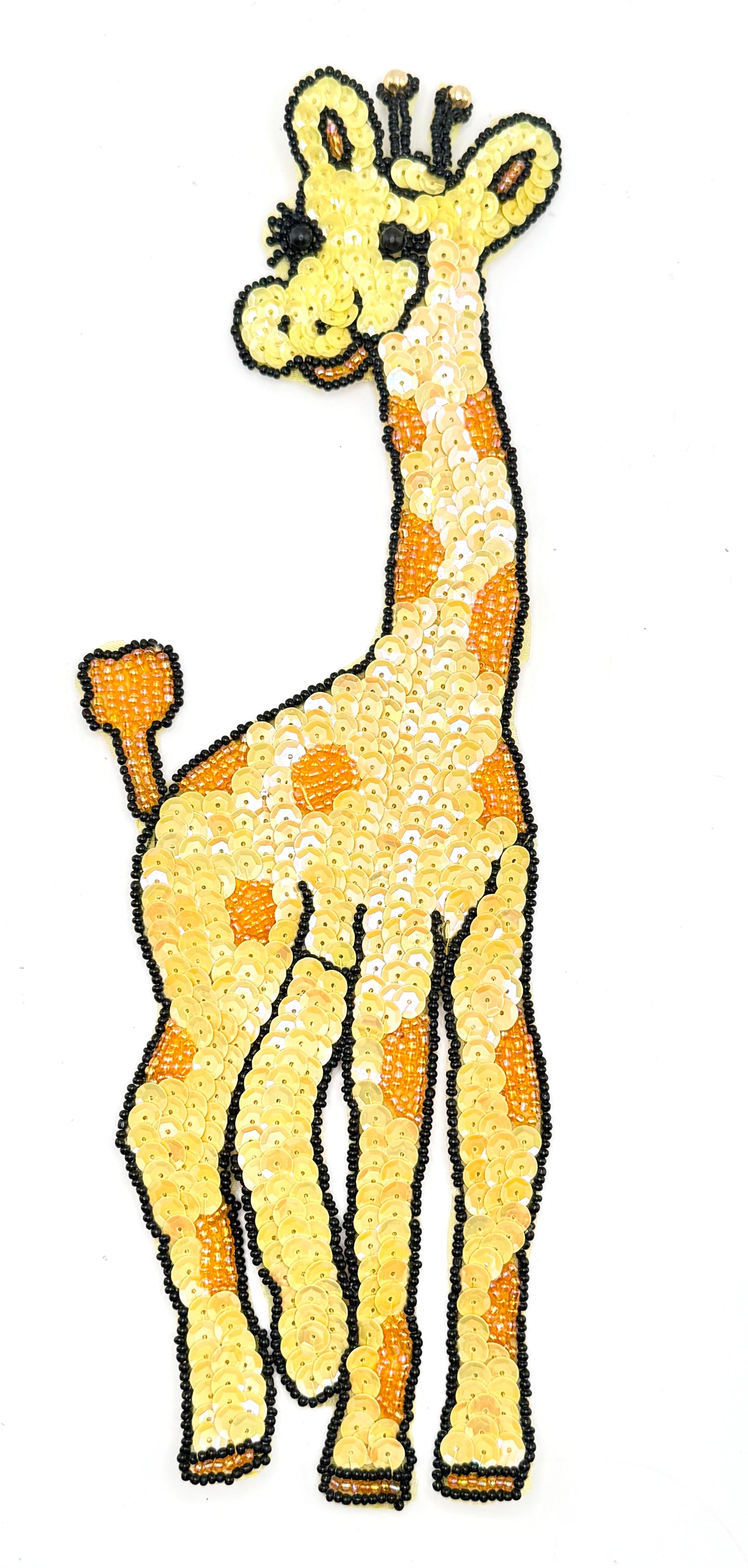 Giraffe with Yellow and Iridescent Yellow Sequins with Orange, Black and Gold Beads 11" x 4”