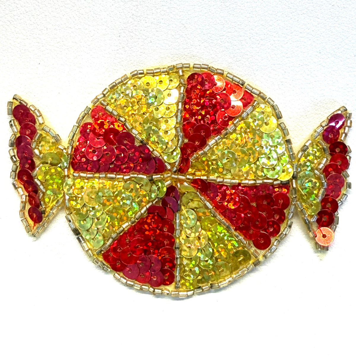 Red & Gold Sequin Candy Appliqué with Glass Beads - 3.5" x 2.5"