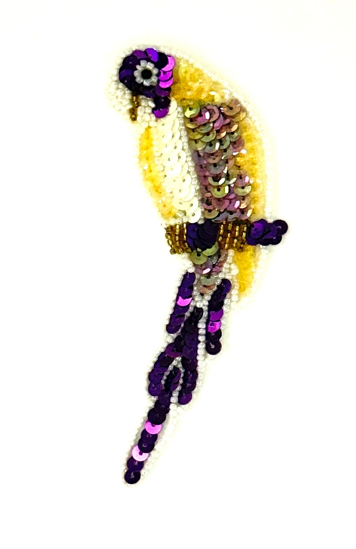 Parrot - Purple/Yellow/White Sequins Glass Beads 5" x 2.75"