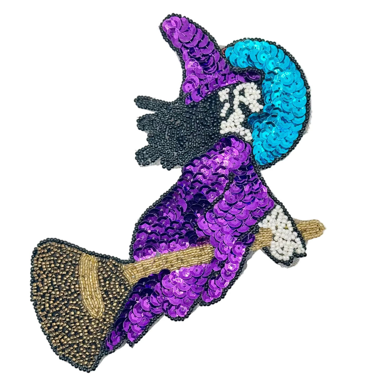Halloween Witch on Broomstick Sequin Beaded Appliqué – Turquoise & Purple
