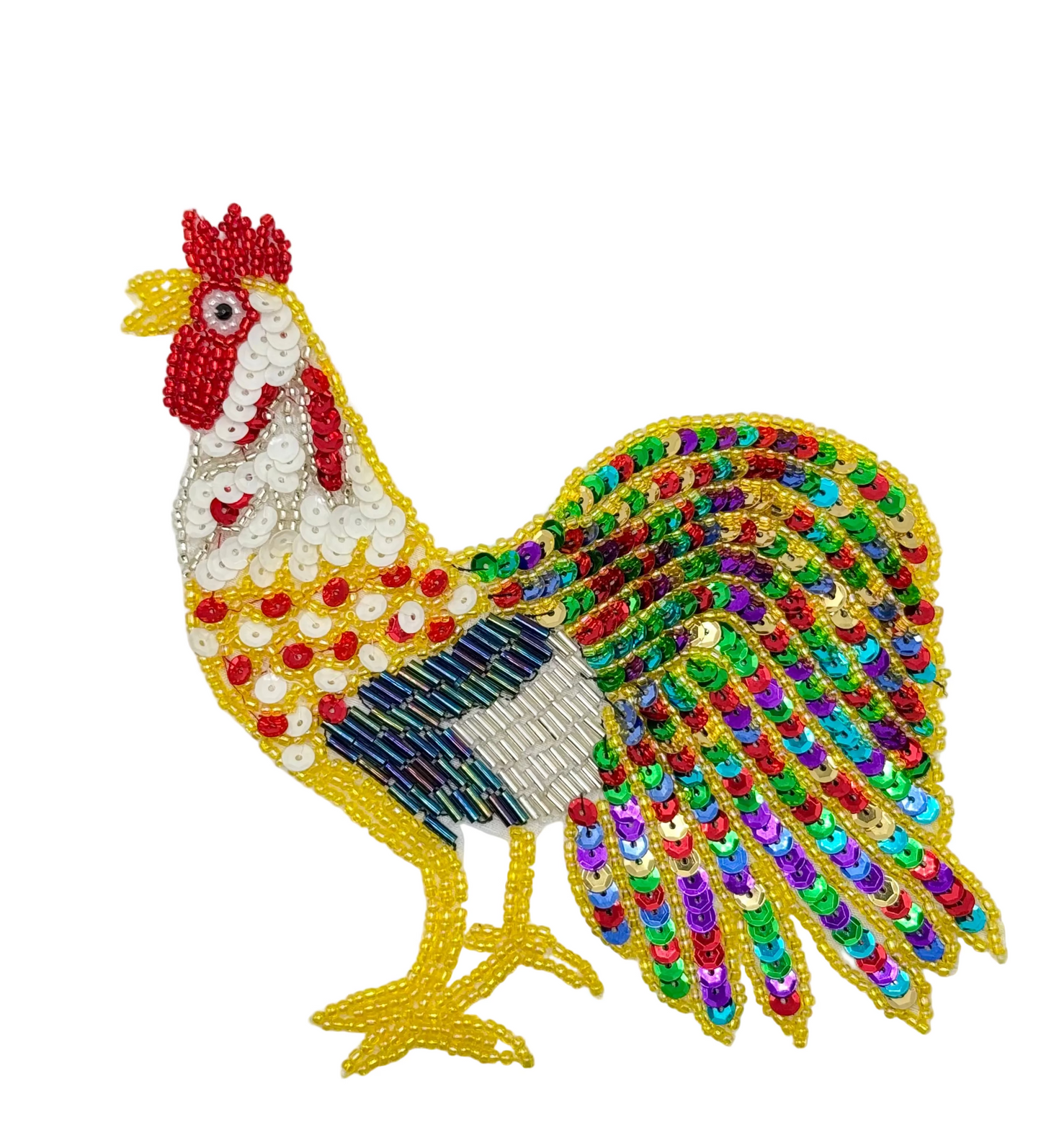 Rooster Appliqué with Colorful Tail Sequin and Beads 7" x 5"